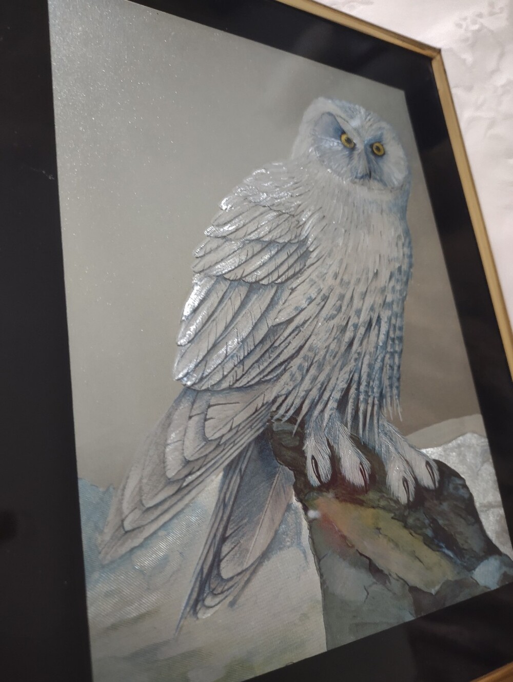 Vintage Silver Holographic Owl Art Framed
